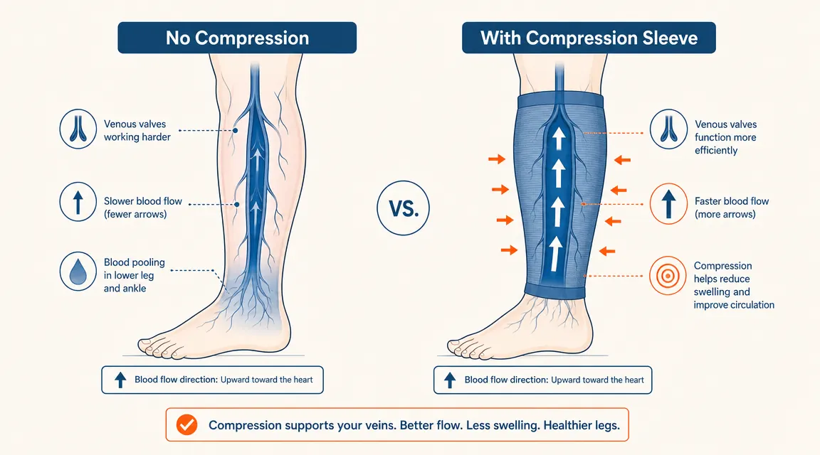 Diagram comparing blood flow in a compressed versus uncompressed calf muscle