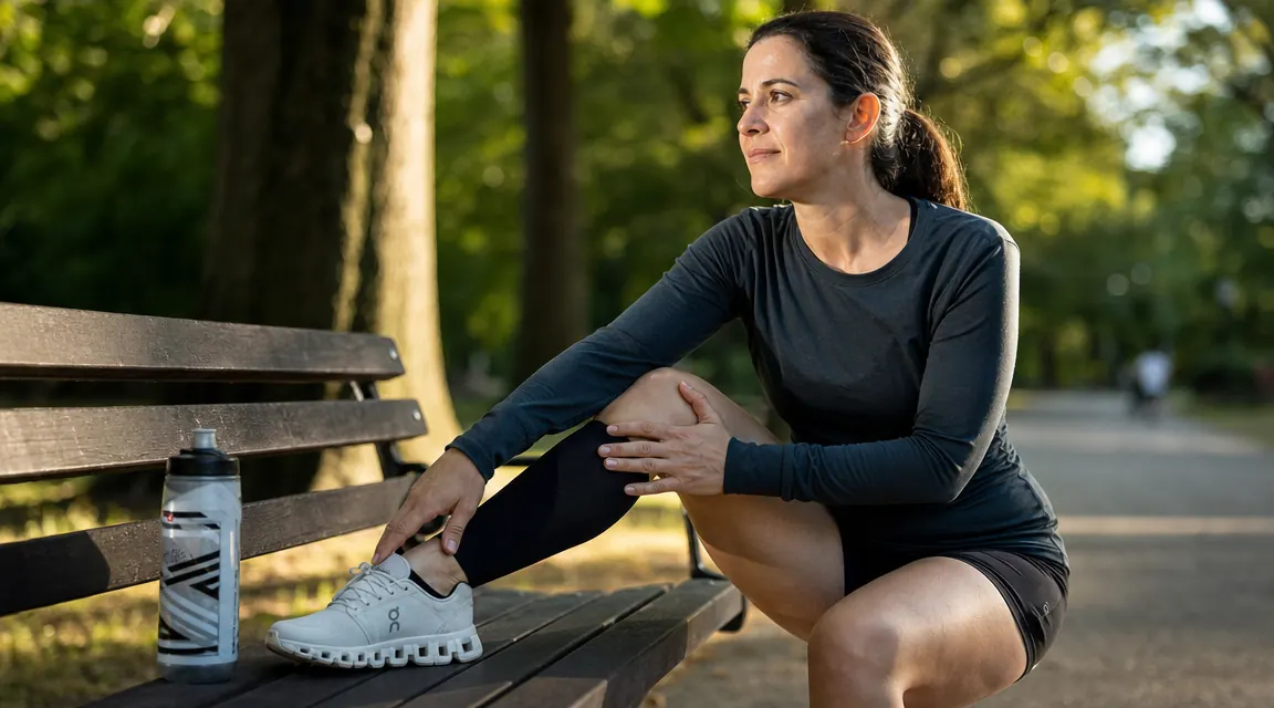 Runner stretching calves on a park bench after a long run, wearing compression sleeves