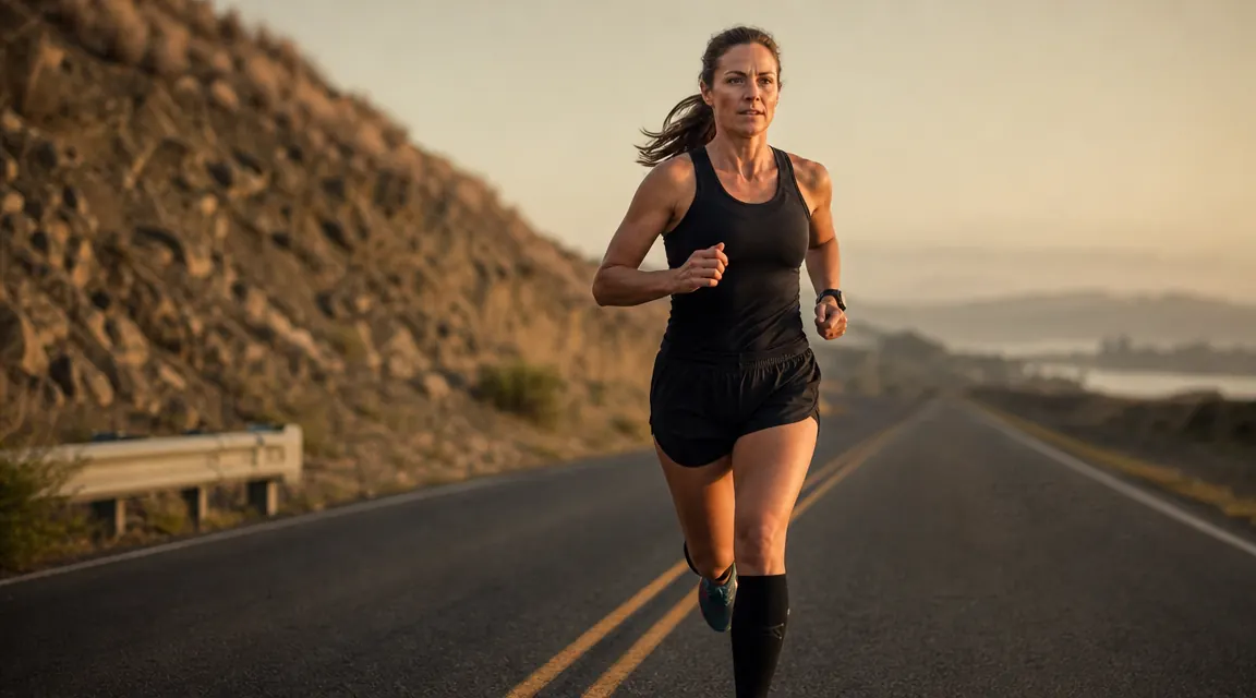 Runner on an early morning road wearing black calf compression sleeves, motion blur on legs