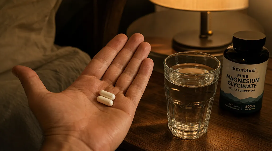 Hand holding two magnesium glycinate capsules over a glass of water before bed