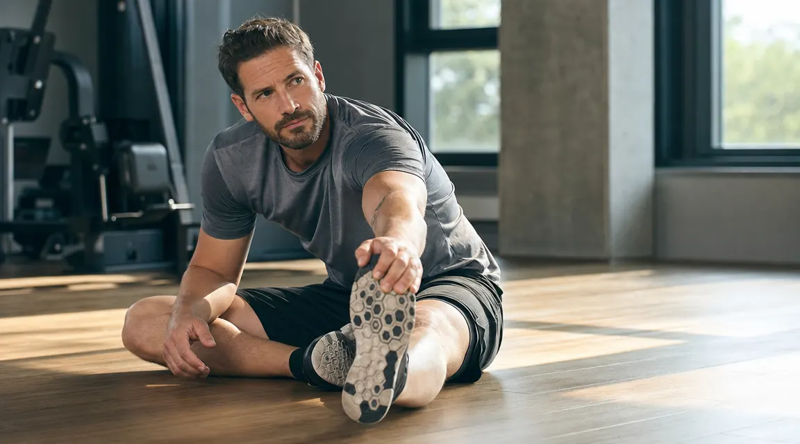 Athlete stretching on a gym floor after a training session looking relaxed