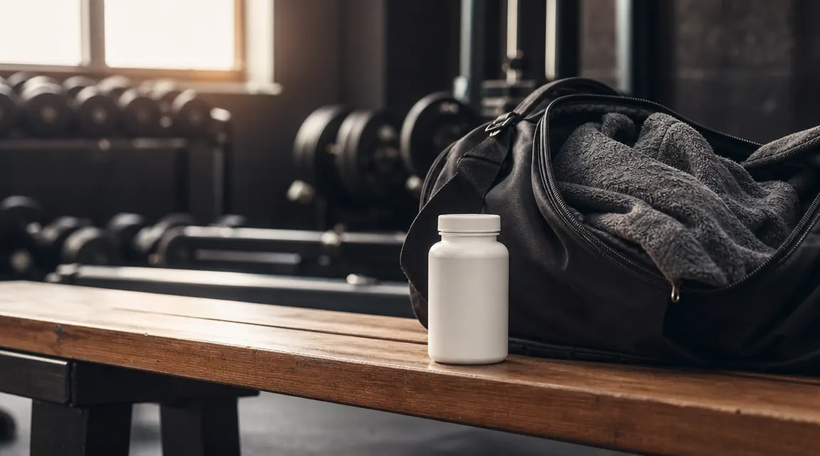 Bottle of magnesium glycinate capsules next to a gym bag on a wooden bench