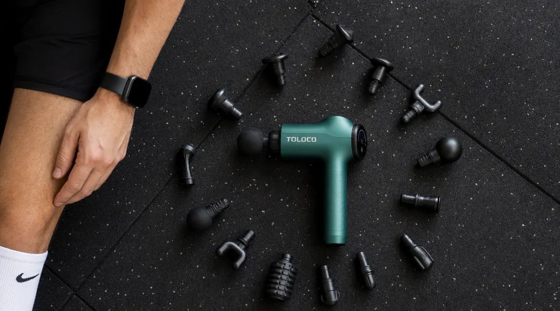 TOLOCO massage gun with 15 interchangeable head attachments laid out on a gym floor