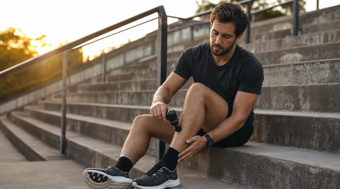 Athlete applying massage gun to their calf after an outdoor run