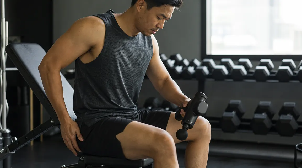 Person using a percussion massage gun on their quad muscle after a gym workout