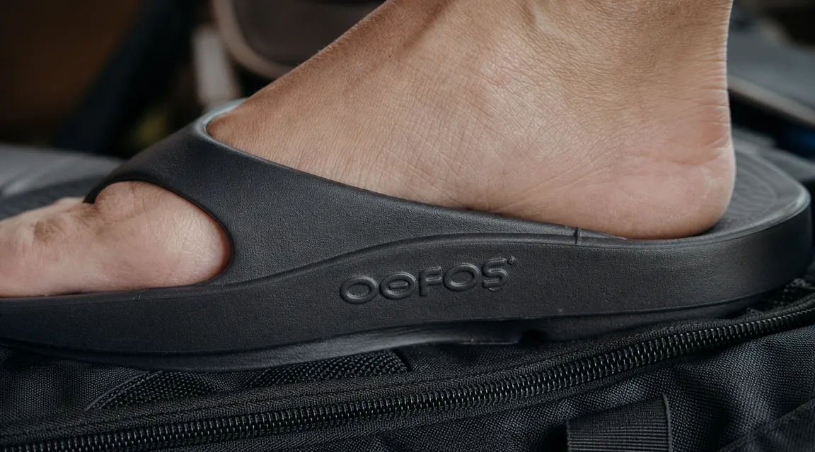 Close-up of OOFOS OOriginal sandal foam footbed showing arch support contour