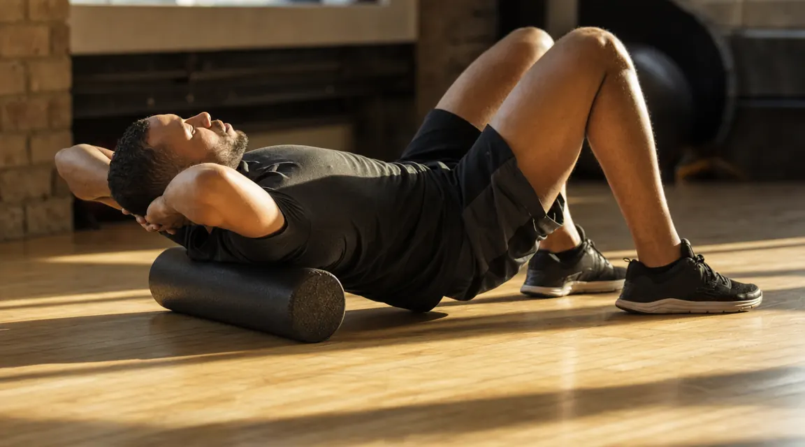 Person using a foam roller on the floor of a home gym after a workout, soft afternoon light