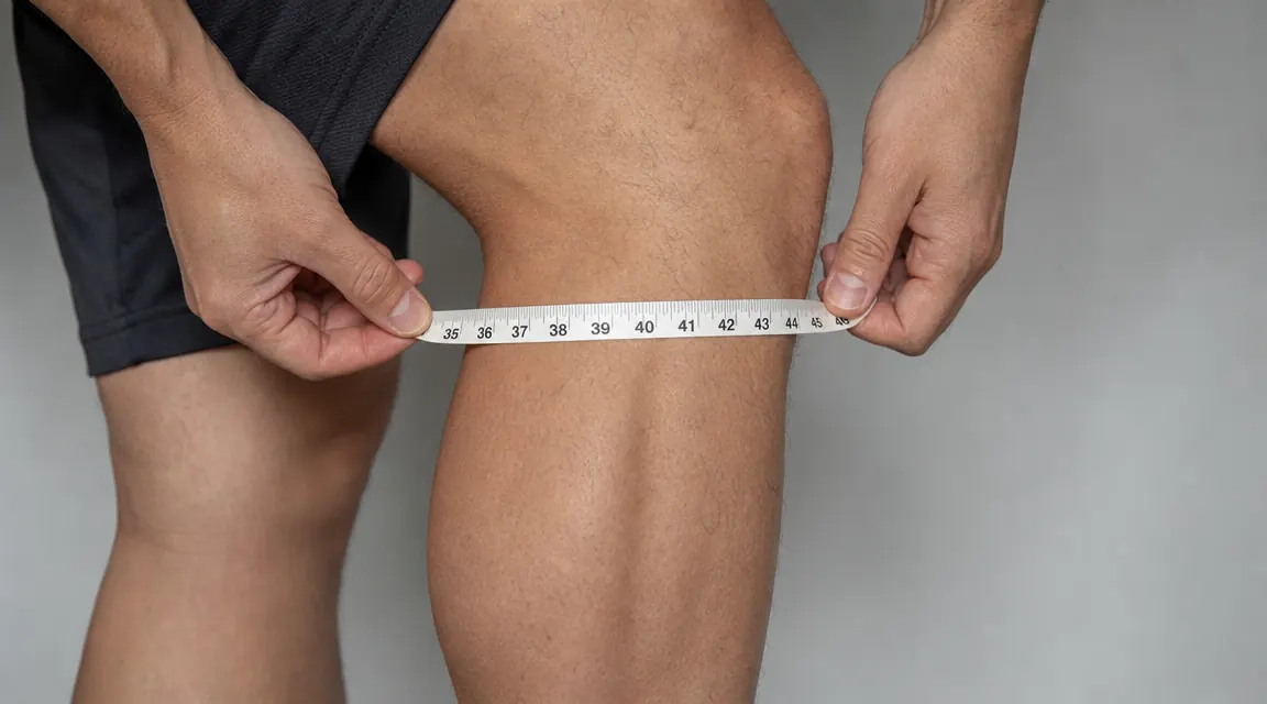 Overhead view of a calf circumference being measured with a soft tape measure, knee slightly bent, against a neutral background