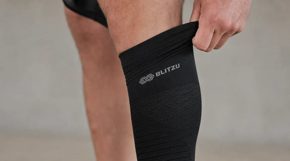 Close-up of BLITZU calf compression sleeve being pulled on over a calf, hand visible at the top of the sleeve