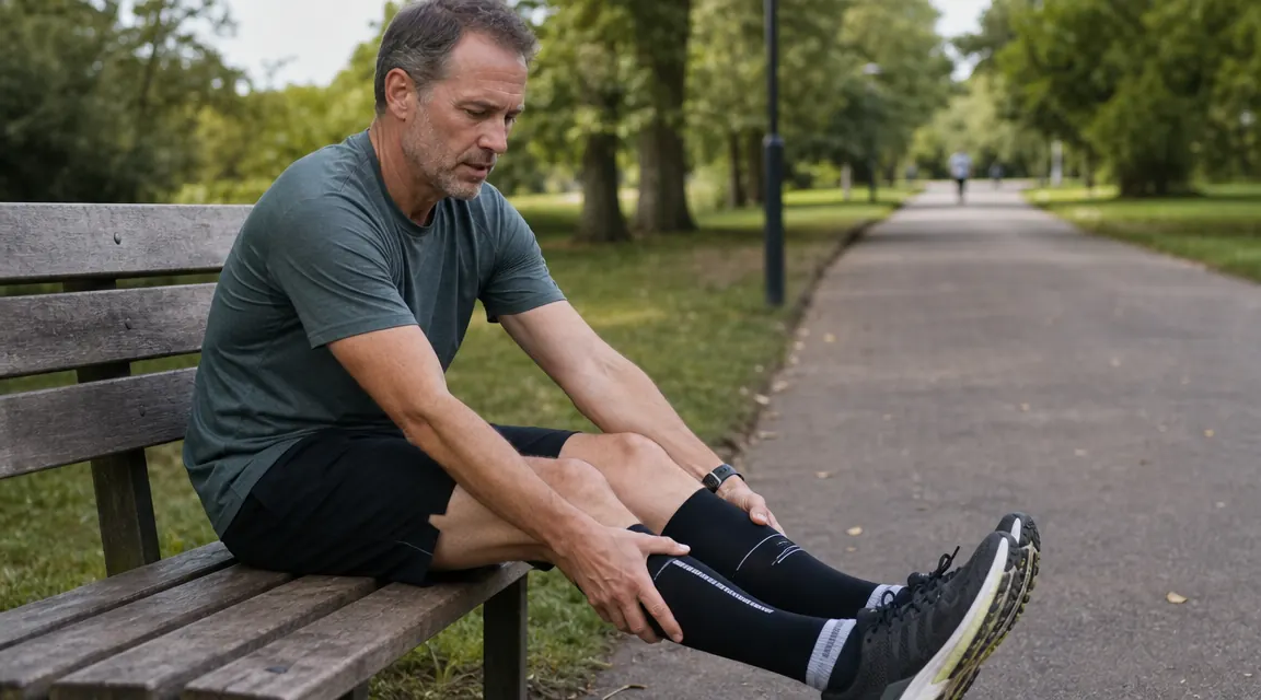 Runner stretching calves on a park bench after a run, compression sleeves visible on both legs