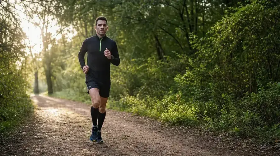 Runner on an early-morning trail wearing black calf compression sleeves, low morning light on the path ahead