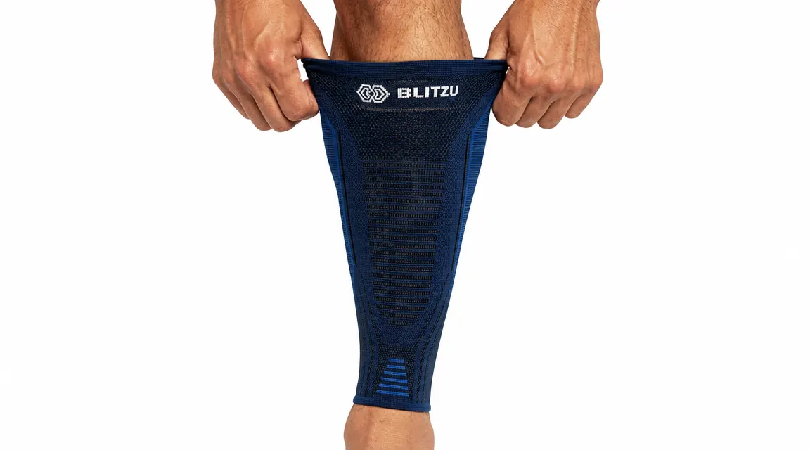 BLITZU calf compression sleeve being pulled on over a bare lower leg, close-up product shot