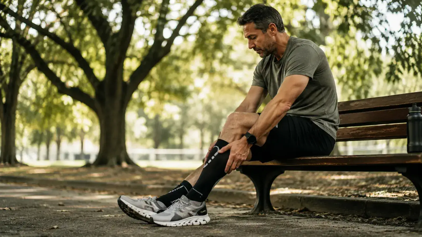 Runner sitting on a park bench post-run, wearing calf compression sleeves, stretching their calves