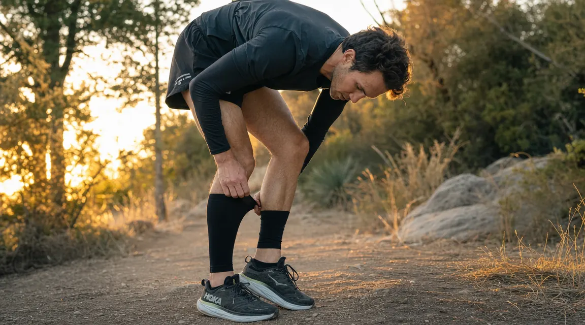 Runner adjusting a black calf compression sleeve on their lower leg before a morning run on a trail