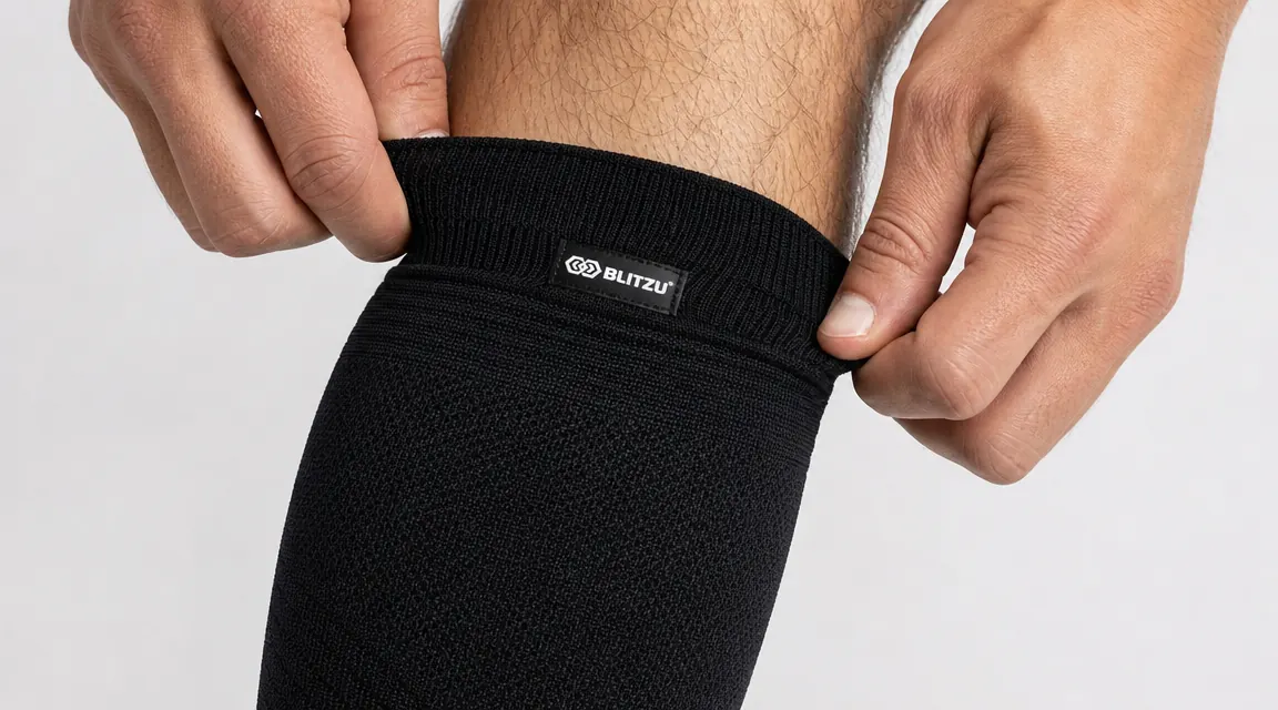 Close-up of hands pulling a black BLITZU calf compression sleeve onto a bare leg