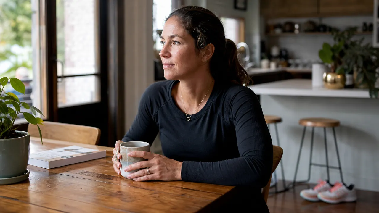 Person sitting at a kitchen table with a cup of coffee, athletic gear nearby, relaxed morning pose