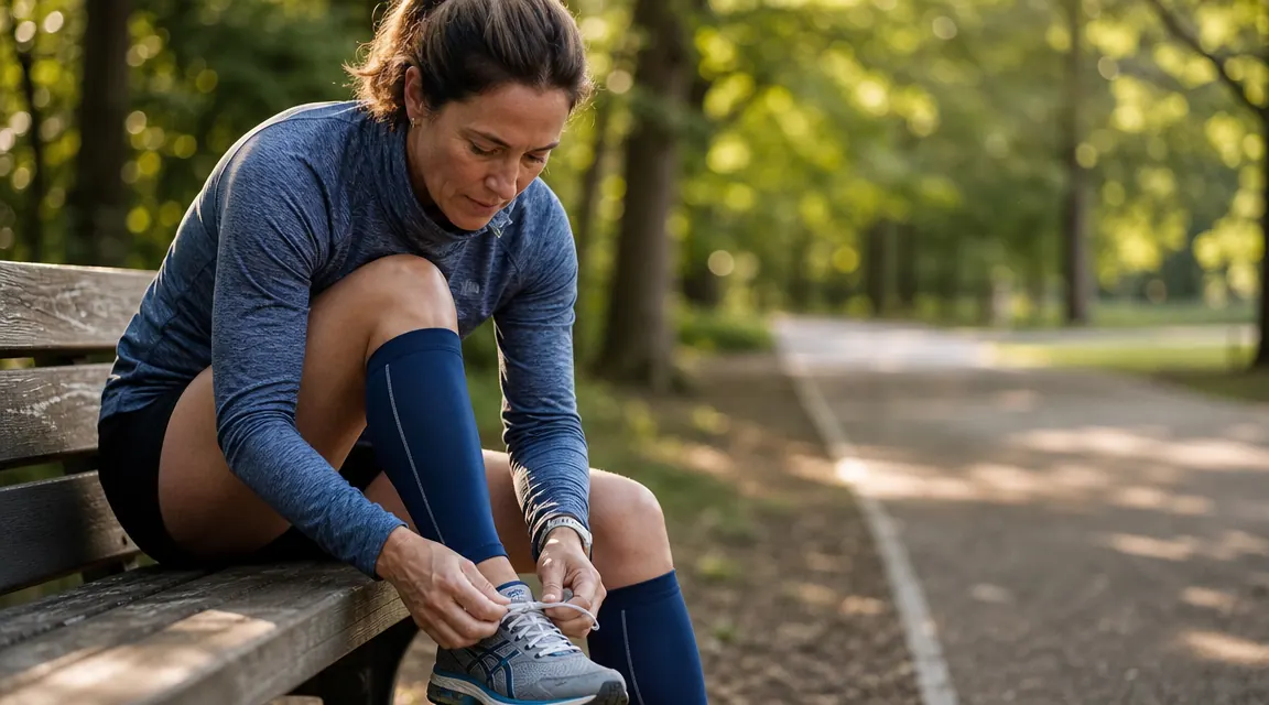 Runner lacing up shoes on a park trail in early morning light, calf compression sleeves visible on both legs