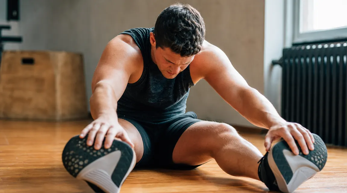 Person sitting on a gym floor with legs extended, hands behind them, looking down in frustration before a stretch session