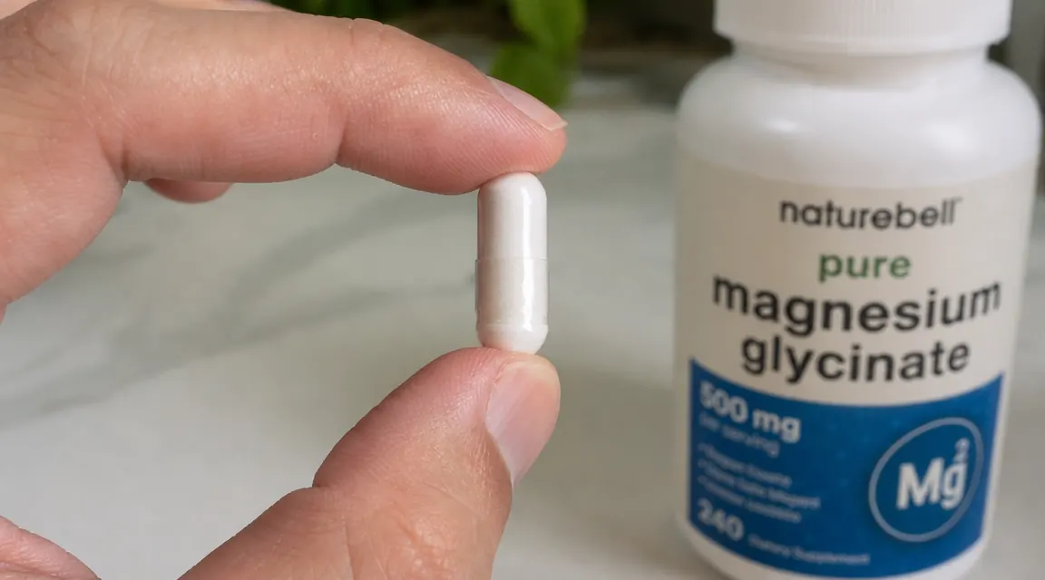 Close-up of a magnesium glycinate supplement capsule between two fingers, bottle visible in background