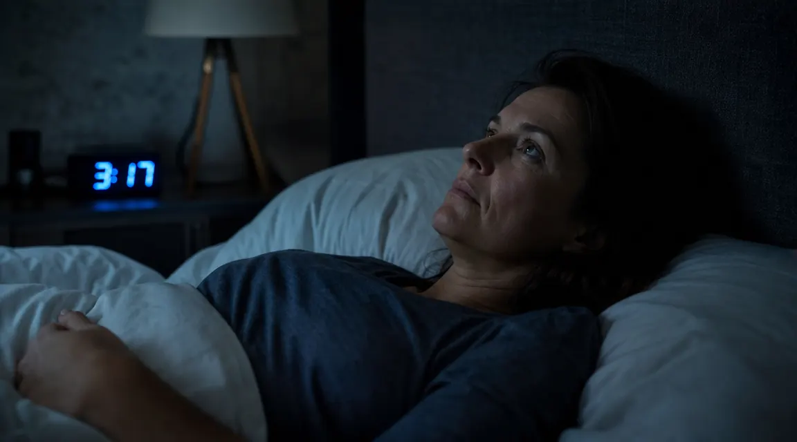 Person lying awake in bed at night, staring at the ceiling in a dark room with blue light from a clock visible