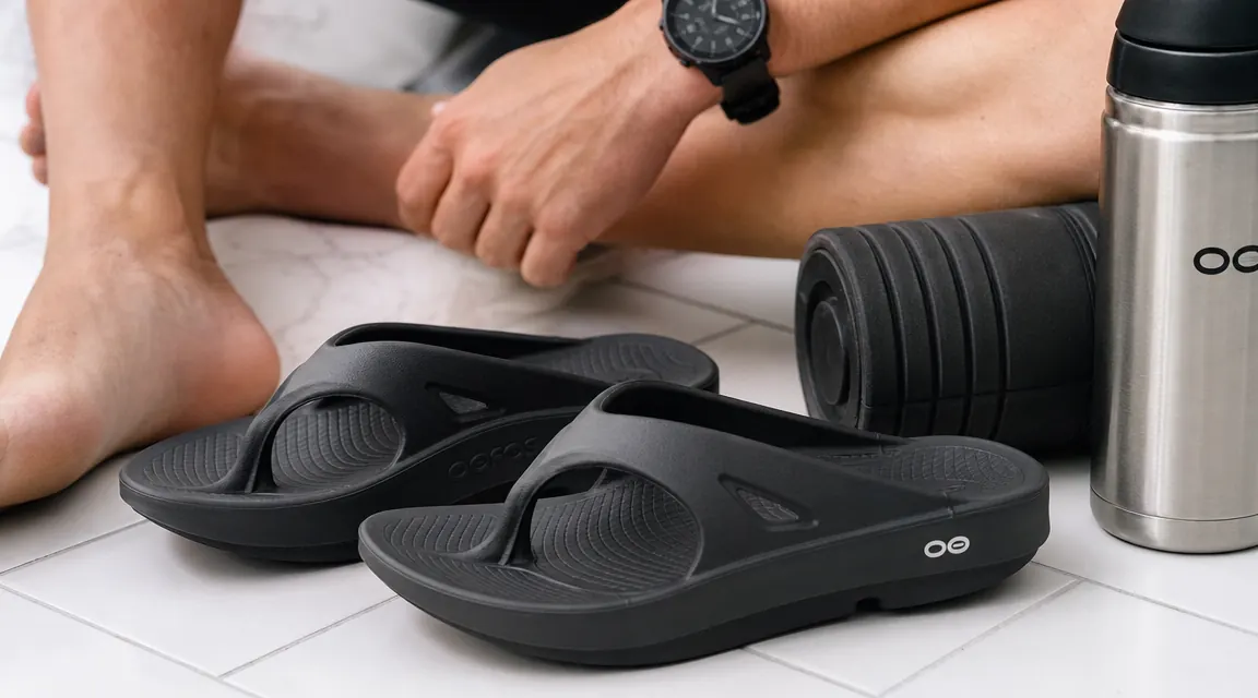 Close-up of OOFOS OOriginal recovery sandals on a bathroom tile floor next to a foam roller and water bottle
