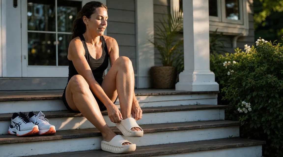 Runner sitting on a porch bench slipping on a pair of foam recovery sandals after an early morning run, golden light, running shoes set aside