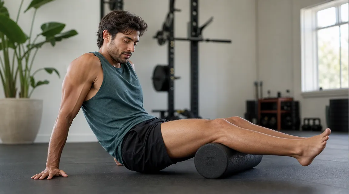 Person sitting on the floor foam rolling their hamstrings after a workout, facing camera with a relaxed expression