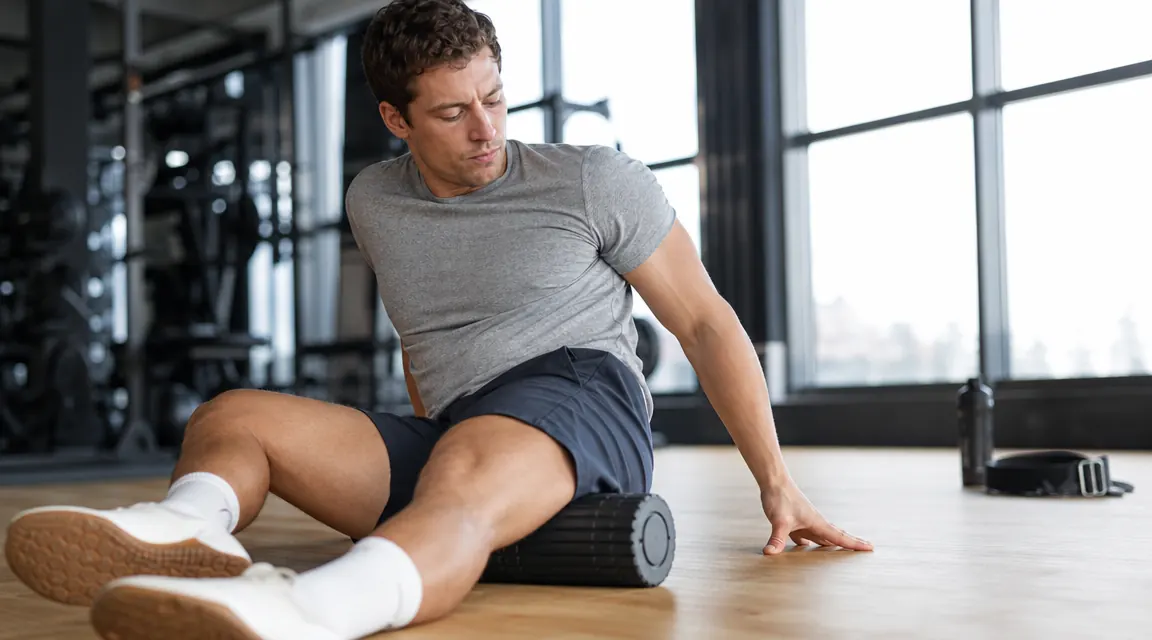 Person foam rolling their quads on a gym floor after a heavy leg workout, water bottle nearby