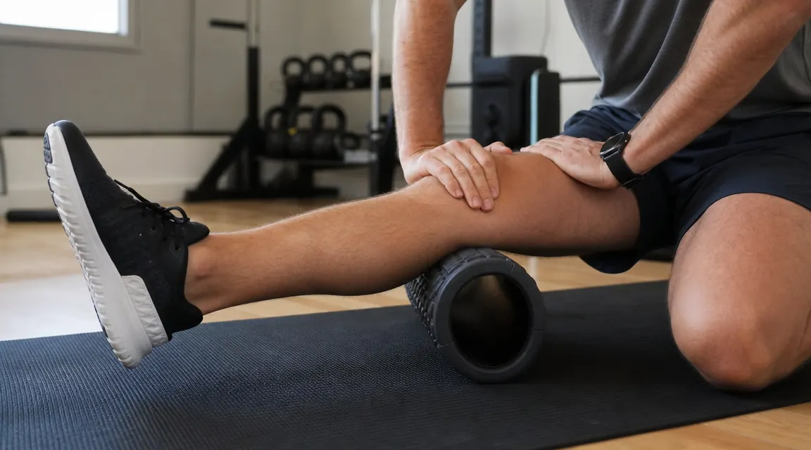 Foam roller positioned under a calf on a yoga mat with runner's leg extended
