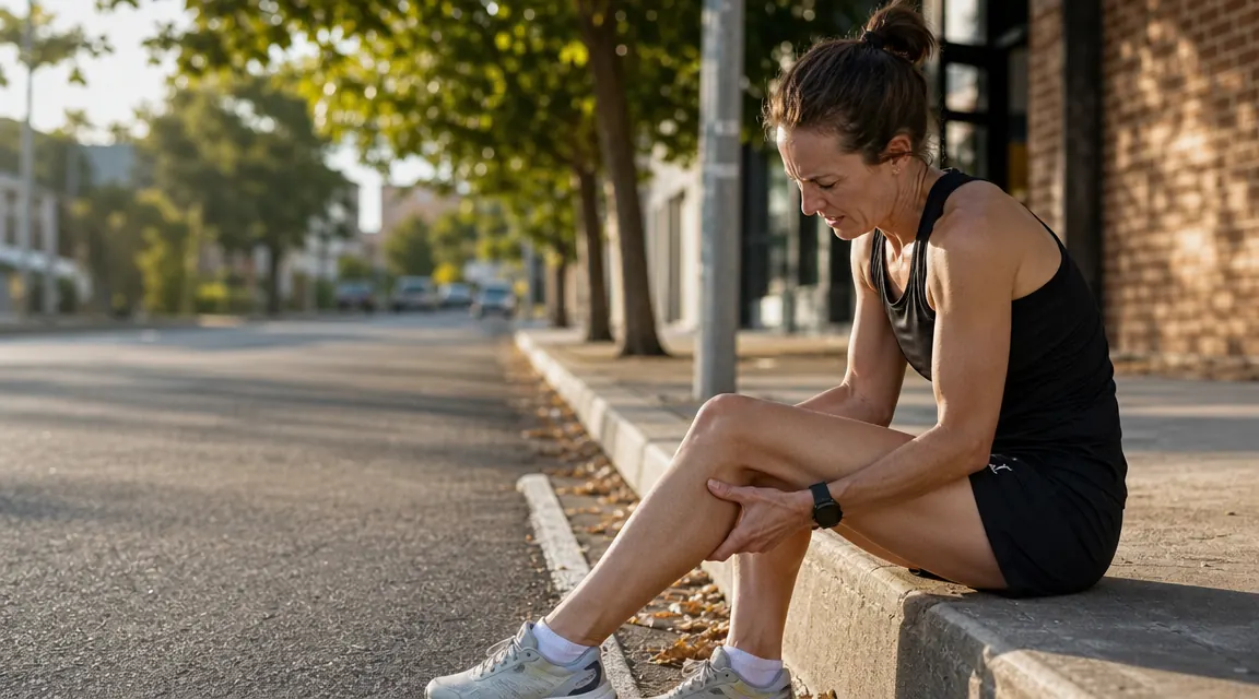 Runner sitting on a curb after a run, holding their calf with both hands in the late afternoon sun