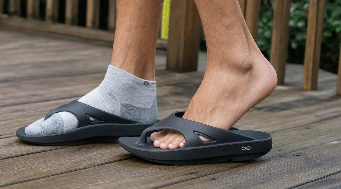 Close-up of a person slipping on OOFOS OOriginal recovery sandals on a wooden deck after a run