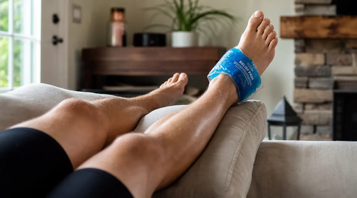 Person lying on a couch with legs and feet elevated on two stacked pillows, ice pack on left foot