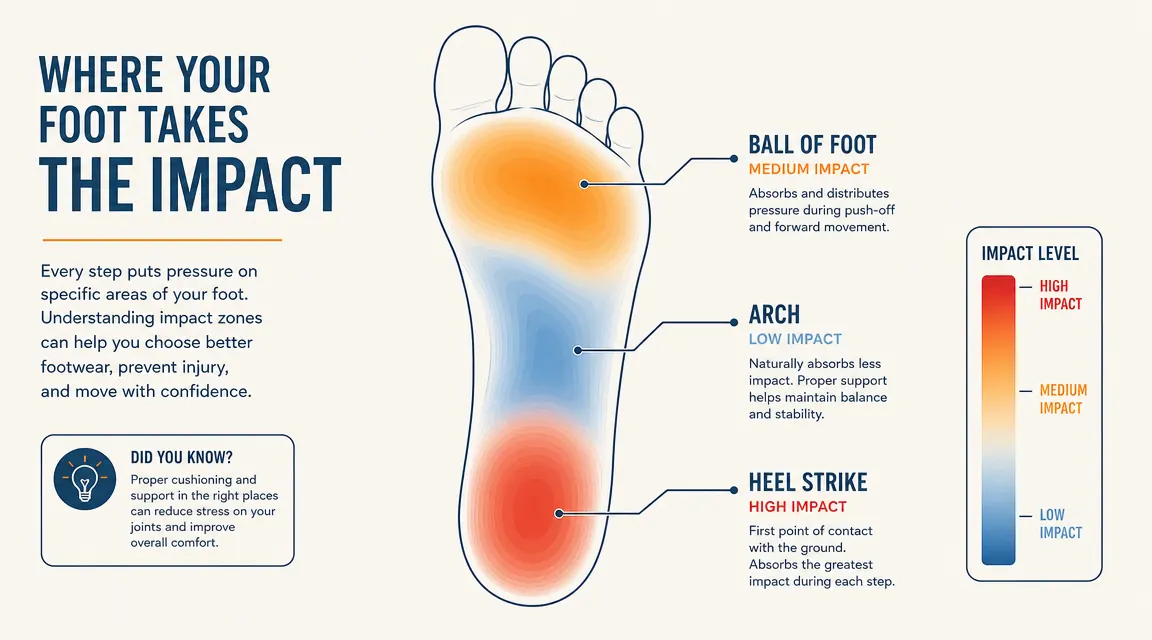 Diagram showing foot pressure zones during running with callouts for arch, ball, and heel impact areas