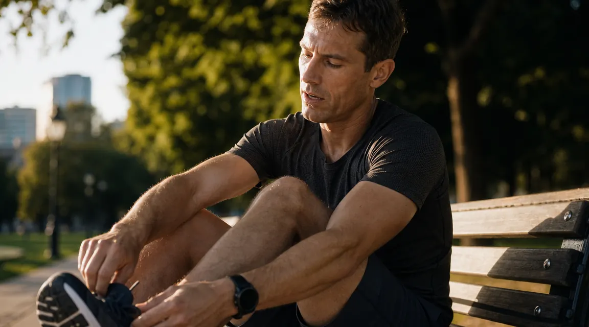 Runner sitting on a park bench post-run, removing running shoes with tired feet visible on the ground