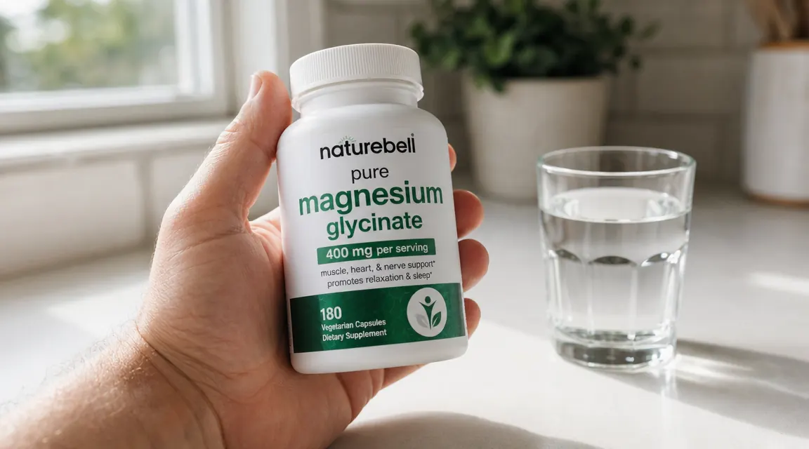 Hand holding a Naturebell magnesium glycinate capsule bottle, label visible, over a kitchen counter with a glass of water