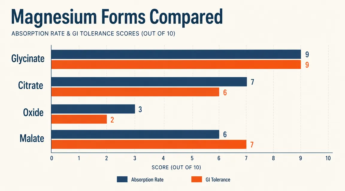 Bar chart comparing magnesium forms by absorption rate and GI tolerance: glycinate highest absorption and lowest GI distress