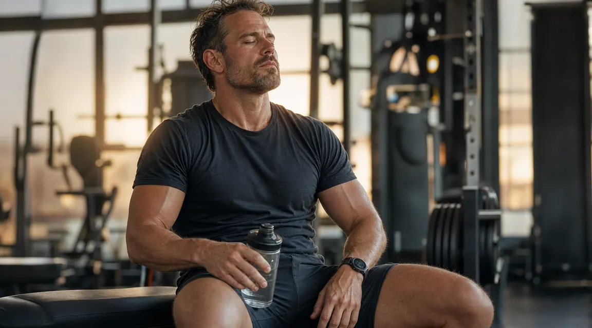 Athlete resting after a gym workout, seated on a bench with eyes closed and a water bottle in hand