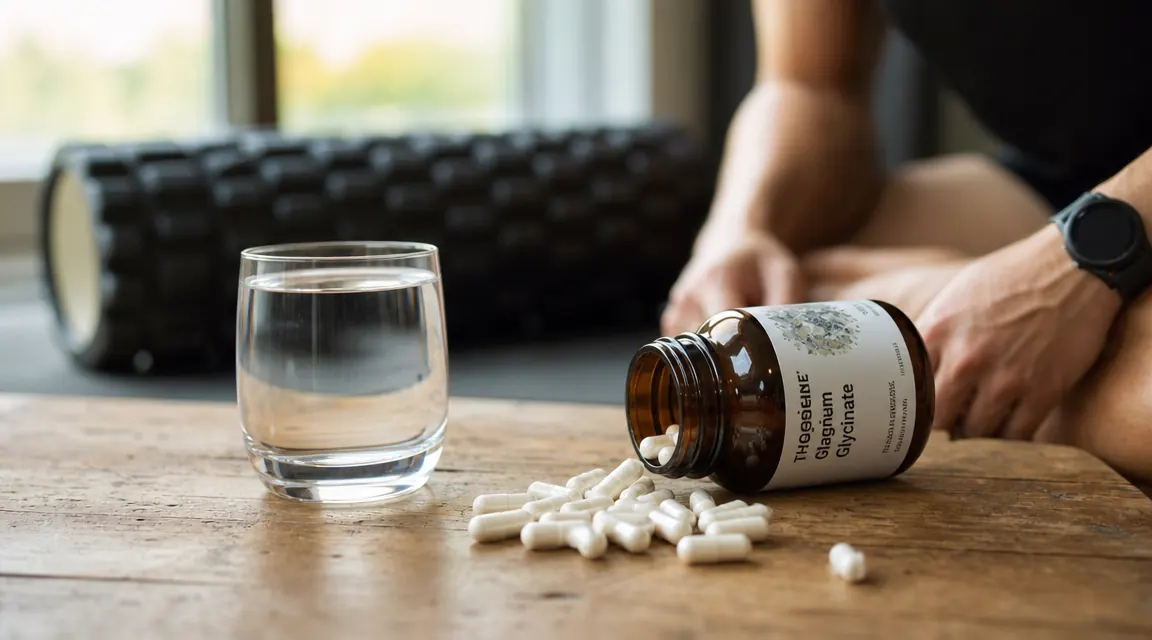 White capsules spilling from an amber bottle onto a wood surface next to a glass of water and a foam roller in soft morning light