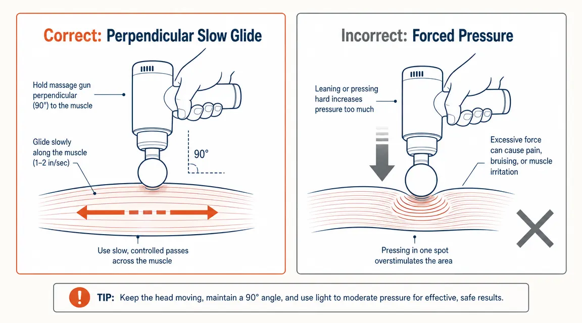 Diagram showing the correct massage gun technique: perpendicular angle to muscle, slow lateral movement