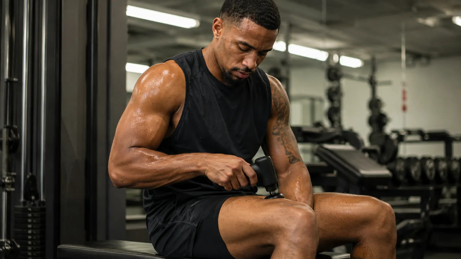 Person holding a massage gun against their quad muscle after a gym workout, sweat still visible, recovery room setting