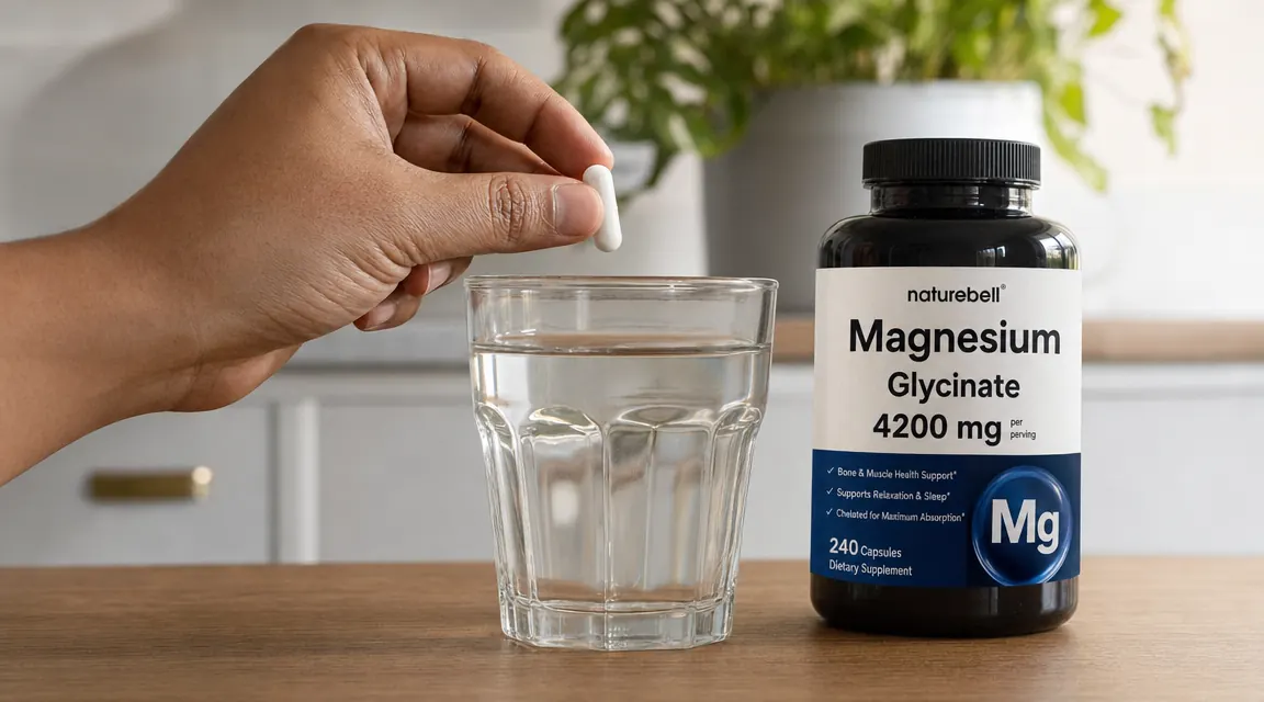 Hand holding a Naturebell Magnesium Glycinate capsule over a glass of water