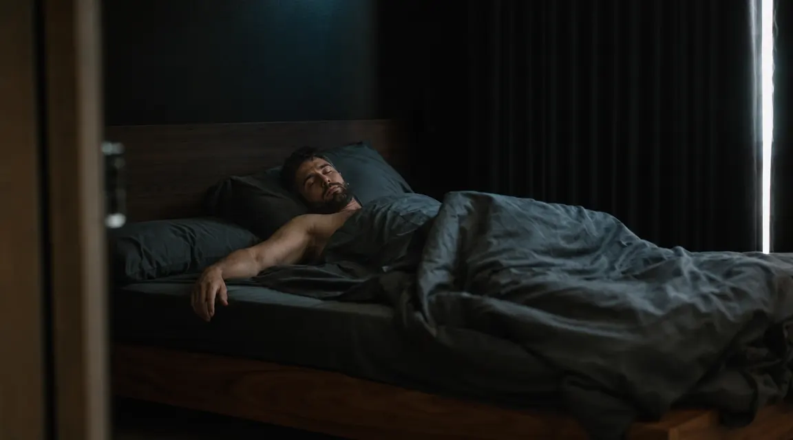 Athlete sleeping deeply in a dark bedroom after an evening training session