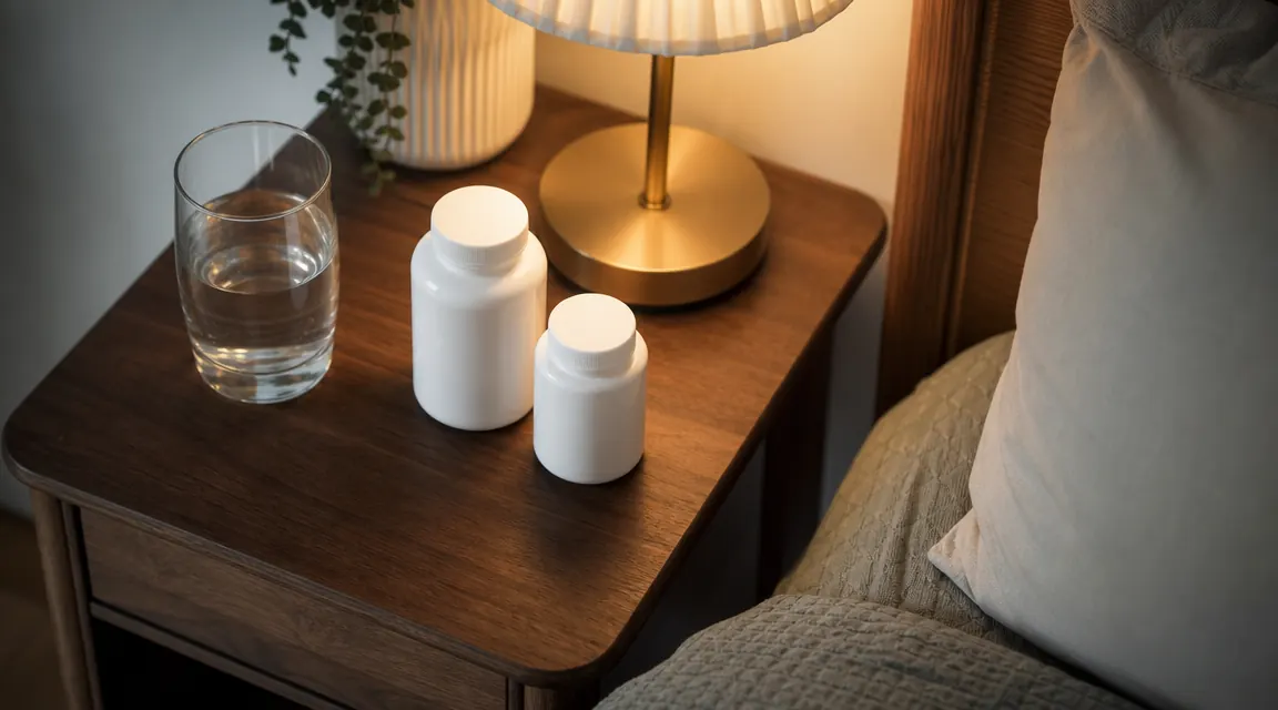 Two magnesium supplement bottles side by side on a nightstand next to a glass of water, soft evening light
