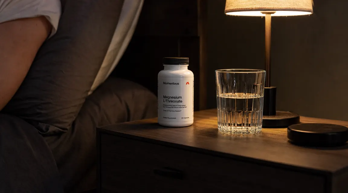 White bottle of Naturebell Magnesium Glycinate capsules on a wooden nightstand next to a glass of water and a dim reading lamp