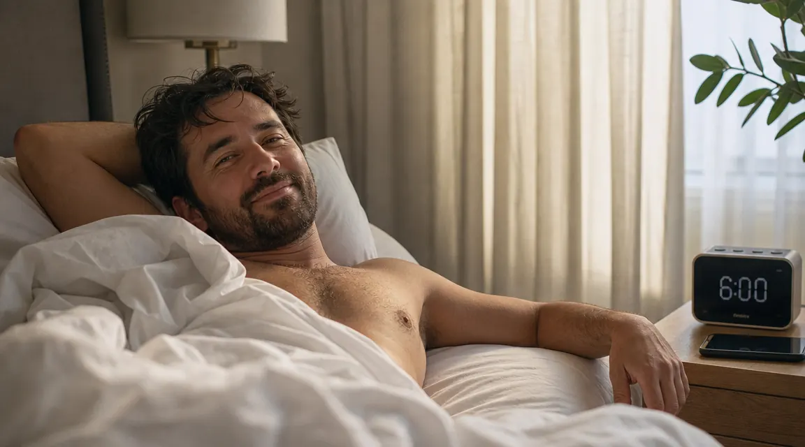 Person lying in bed in soft morning light, looking rested and relaxed after a good night of sleep