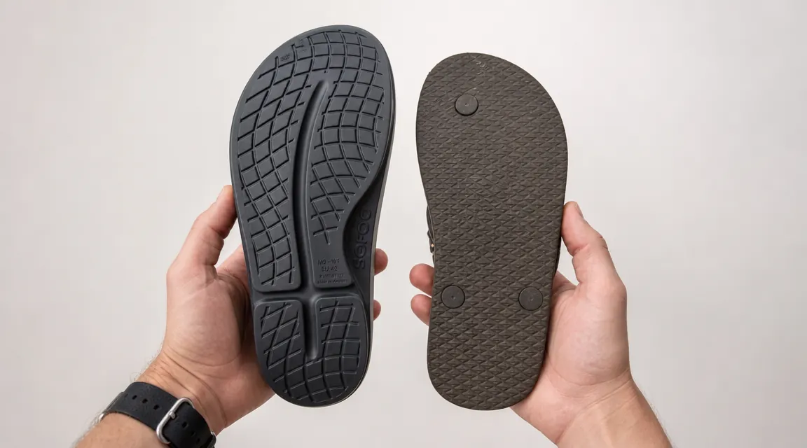 Underside of an OOFOS OOriginal sandal showing the minimal tread pattern on the outsole compared to a regular flip-flop