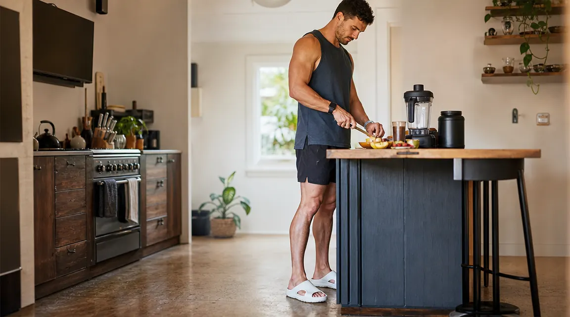 Person standing in a kitchen in recovery sandals while preparing a post-workout meal, looking relaxed and comfortable