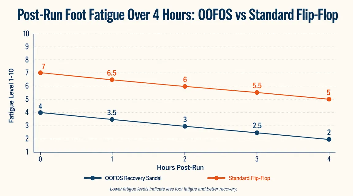 Chart comparing reported foot fatigue levels at 30 minutes, 2 hours, and 4 hours post-run in regular flip-flops versus OOFOS recovery sandals