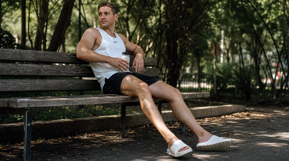 Runner sitting on a park bench after a long run, OOFOS sandals on their feet, legs stretched out and relaxed