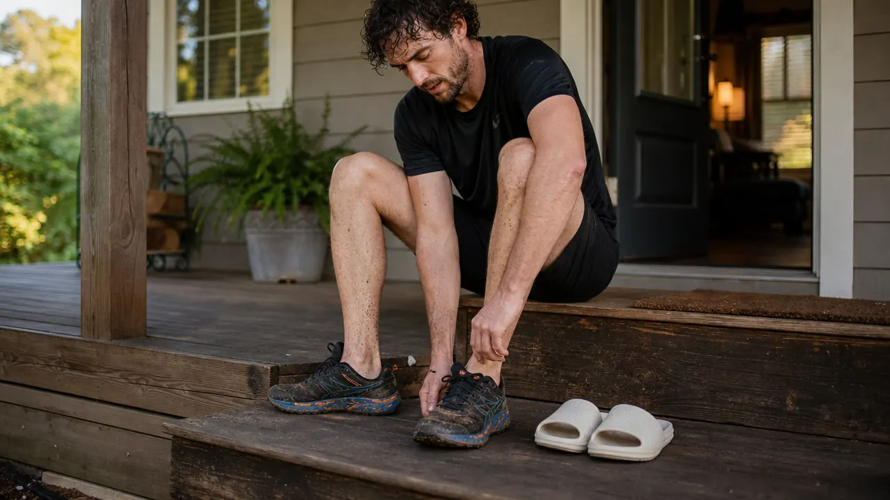 Person slipping on OOFOS recovery sandals at the front door after a morning run, running shoes still on the step beside them